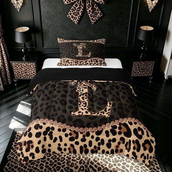 meiyoeat Brown Ribbon Initial L Twin Comforter Sets for Girls, Leopard Print Polka Dots Bedding Set, Black Reversible, 2 Pieces, 1 Comforter and 1 Pillowcase