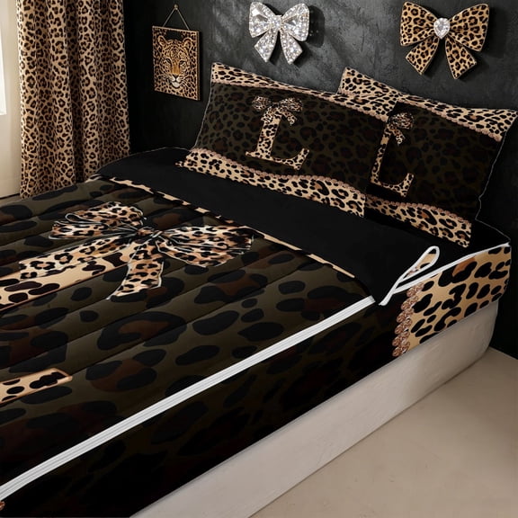 meiyoeat Brown Ribbon Initial L Zipper Twin Comforter Sets with Fitted Sheet and 2 Pillowcases for Girls, Leopard Print Polka Dots Zipper Bedding Set, Black Reversible, 4 Pieces