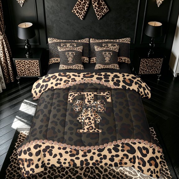 meiyoeat Brown Ribbon Initial T Twin Bedding for Girls, Leopard Print Polka Dots Bedding Comforter Set, Black Reversible, 7pcs