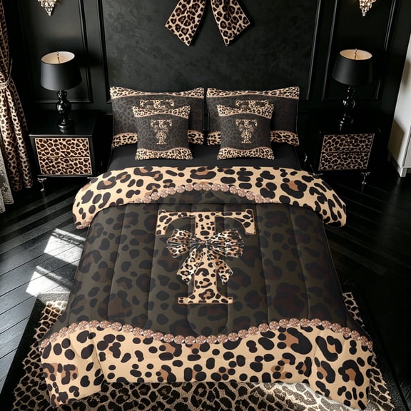 meiyoeat Brown Ribbon Initial T Twin Bedding for Girls, Leopard Print Polka Dots Bedding Comforter Set, Black Reversible, 7pcs