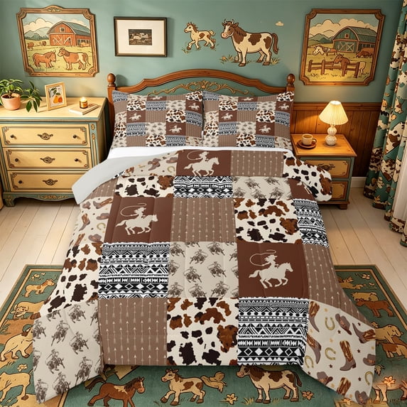meiyoeat Brown Western Cowboy Full Size Comforter Sets For Boys,Patchwork Geometric Plaid Bedding Comforter Set,Reversible,3-Piece,1 Comforter and 2 Pillowcases