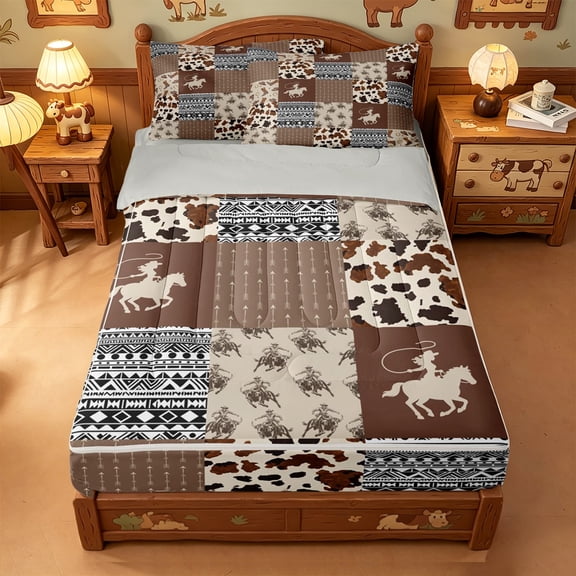 meiyoeat Brown Western Cowboy Zipper Twin Comforter Sets with Fitted Sheet and 2 Pillowcases For Boys,Patchwork Geometric Plaid Zipper Bedding Set,Reversible,4-Piece