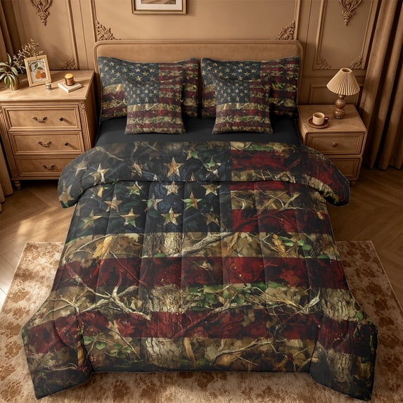 meiyoeat Camo American Flag 7-Piece King Bedding For Kids,Rustic Wood Print King Bed in a Bag For Boys,Black Reversible