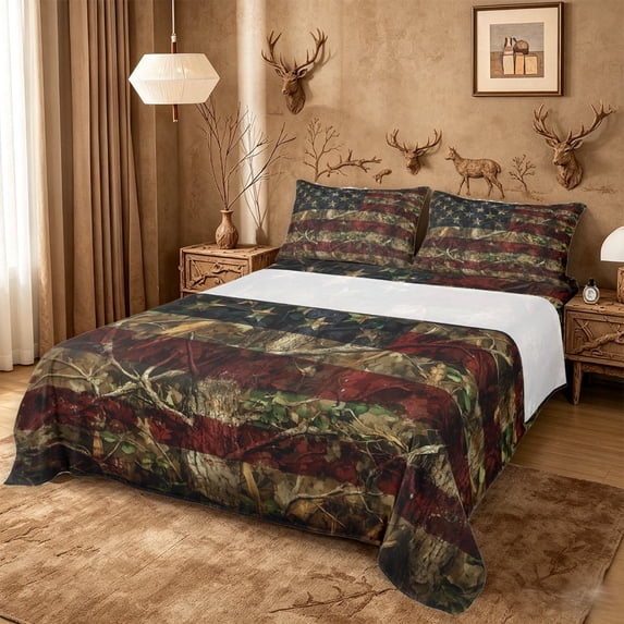 meiyoeat Camo American Flag King Sheets For Kids, Rustic Wood Print Bedding For Boys,4-Piece