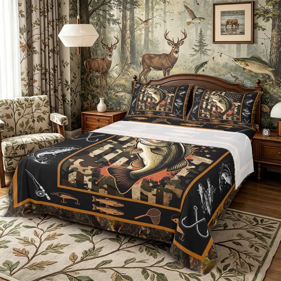 meiyoeat Camo Bass Fishing Flag Bed Sheets 4-Piece,Tackle Hook Outdoor Hunting Layout Full Size Sheets,Green Black,1 Flat Sheet, 1 Fitted Sheet and 2 Pillowcases