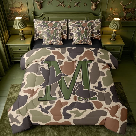 meiyoeat Camo Duck Monogram M 7-Piece Twin Bedding For Boys,Hunting Themed Initial Bedding Comforter Set,Black Reversible