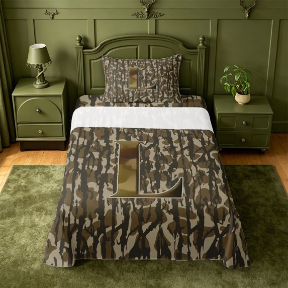 meiyoeat Camo Initial Letter L Twin Sheets For Boys,Rustic Farmhouse Hunting Camo Bedding For Kids,3 Pieces