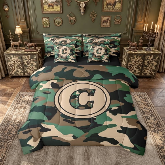 meiyoeat Camo Letter C Full Size Bedding Sets for Men Boys, Farmhouse Camouflage Full Size Bed in a Bag, Green, Black Reversible, 7pcs