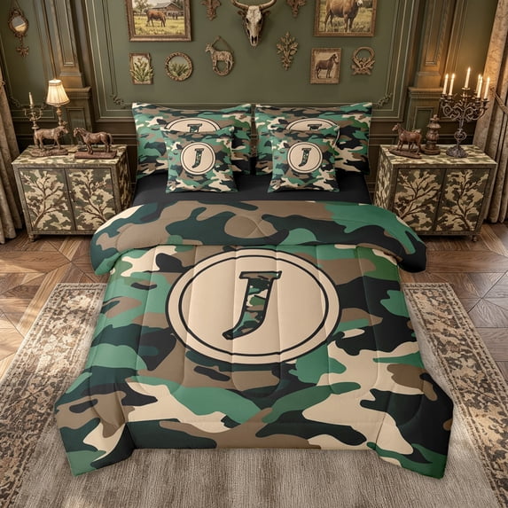 meiyoeat Camo Letter J Twin Bedding for Kids, Vintage Camouflage Bedding Comforter Set for Bedroom, Green, Black Reversible, 7-Piece