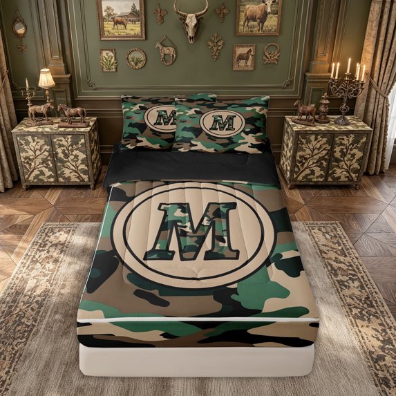 meiyoeat Camo Letter M Zipper Comforter Set with Fitted Sheet and 2 Pillowcases for Boys, Vintage Camouflage Zipper Bedding Set for Bedroom, Green, Black Reversible, 3-Piece