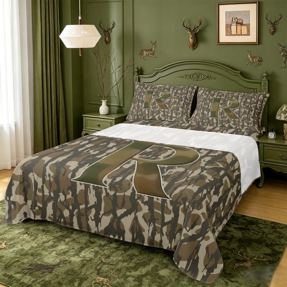 meiyoeat Camo Letter Print Bed Sheets For Kids,Camouflage Alphabet R Design Full Size Sheets For Adults,4Pcs