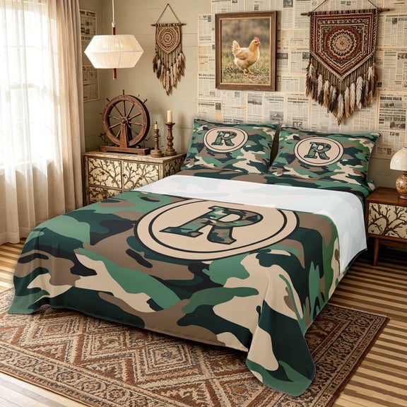 meiyoeat Camo Letter R Bed Sheets for Kids, Vintage Camouflage Full Size Sheets for Kids, Green, Black Reversible, 1 Flat Sheet, 1 Fitted Sheet and 2 Pillowcases