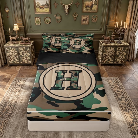 meiyoeat Camo Letter Zipper Comforter Set with Fitted Sheet and 2 Pillowcases for Kids, Vintage Camouflage Zipper Bedding Set for Kids, Green, Black Reversible, 3 Pieces