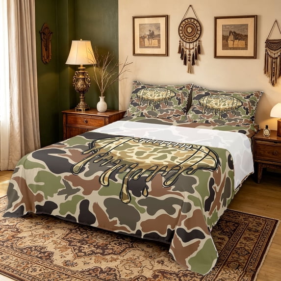 meiyoeat Camouflage Basketball Bed Sheets for Boys, Dripping Sport Full Size Sheets, Green Brown, 4-Piece, 1 Flat Sheet, 1 Fitted Sheet and 2 Pillowcases