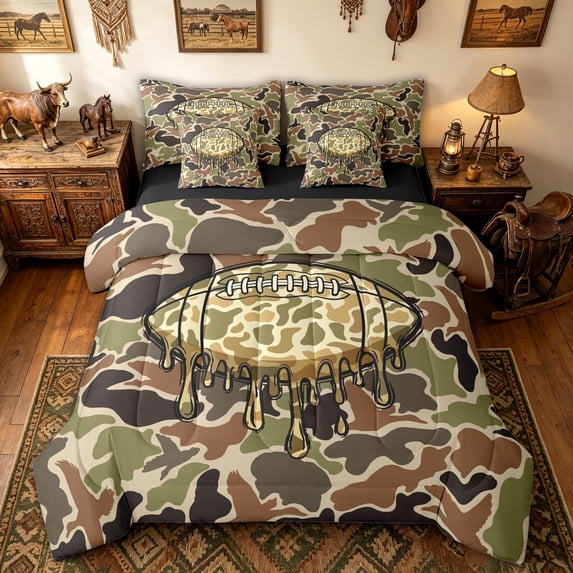 meiyoeat Camouflage Basketball Twin Bedding for Boys, Dripping Sport Bedding Comforter Set, Green Brown, Black Reversible, 7-Piece