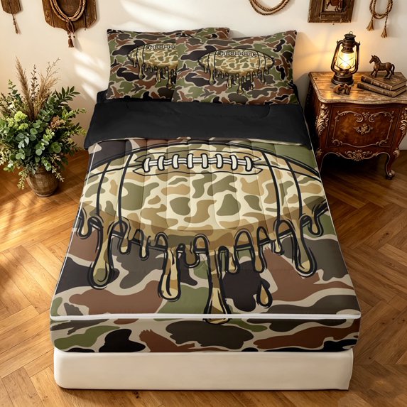 meiyoeat Camouflage Basketball Zipper Full Size Comforter Sets with Fitted Sheet and 2 Pillowcases for Boys, Dripping Sport Zipper Bedding Set, Green Brown, Black Reversible, 4-Piece