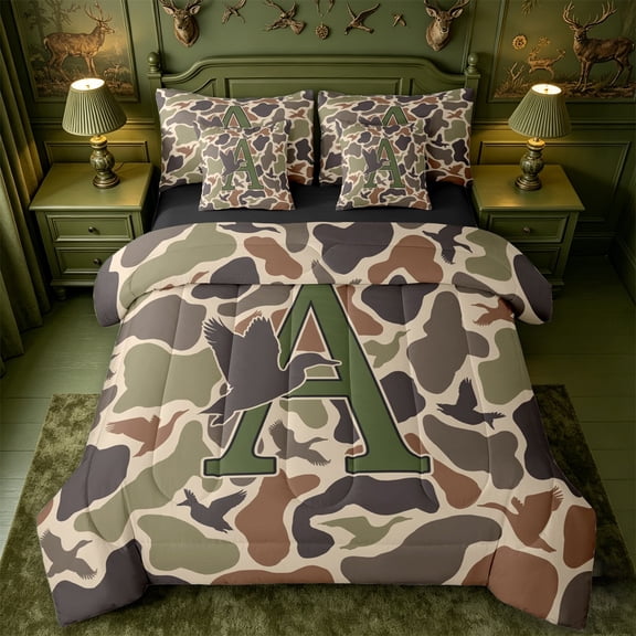 meiyoeat Camouflage Duck Monogram A 7-Piece Twin Bedding For Boys,Hunting Themed Initial Bedding Comforter Set,Black Reversible