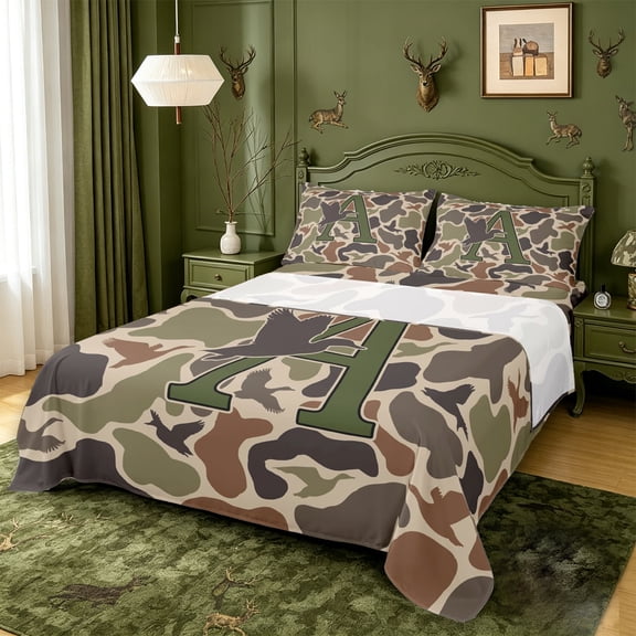 meiyoeat Camouflage Duck Monogram A Bed Sheets For Boys,Hunting Themed Initial Full Size Sheets,4 Pieces,1 Flat Sheet,1 Fitted Sheet and 2 Pillowcases