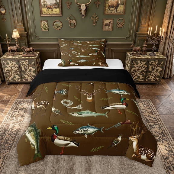meiyoeat Camouflage Fishing Twin Comforter Sets for Men Adults, Retro Deer Duck Bass Camping Wildlife Bedding Set, Brown, Black Reversible, 2-Piece, 1 Comforter and 1 Pillowcase