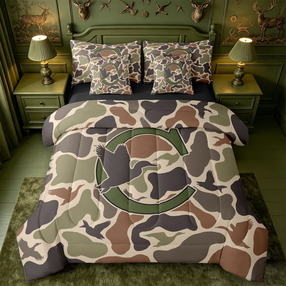 meiyoeat Camouflage Hunting Monogram C 7-Piece Twin Bedding For Boys,Rustic Farmhouse Mallard Bedding Comforter Set,Black Reversible