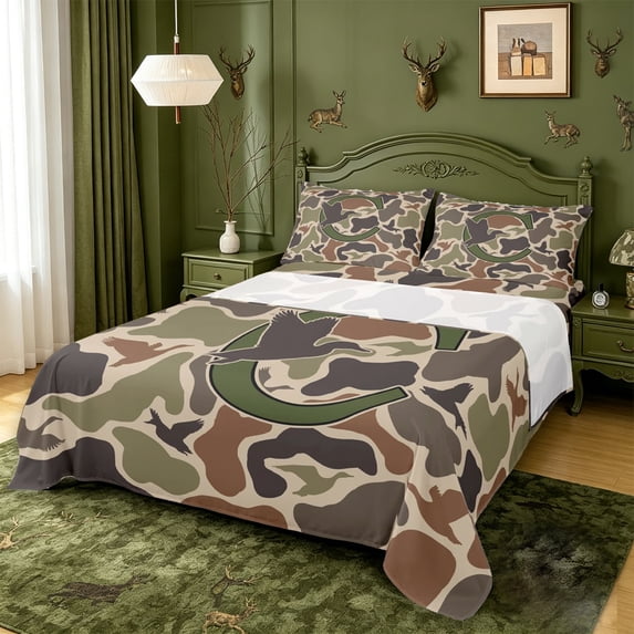 meiyoeat Camouflage Hunting Monogram C King Sheets For Boys,Rustic Farmhouse Mallard Bedding,4Pcs,1 Flat Sheet,1 Fitted Sheet And 2 Pillowcases
