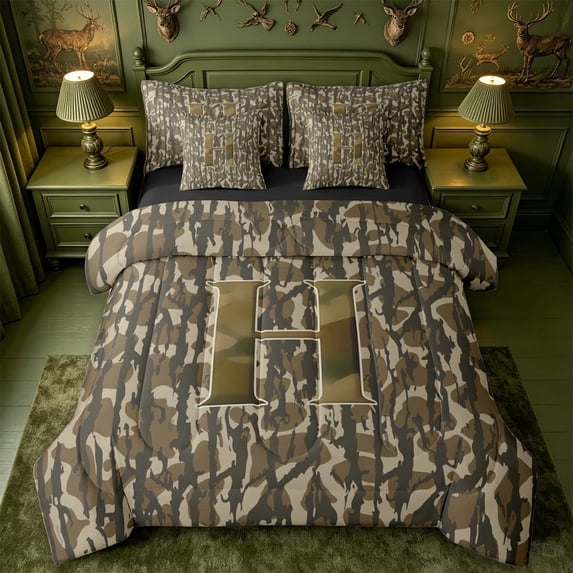 meiyoeat Camouflage Letter H 7-Piece King Bedding For Kids,Rustic Farmhouse Camouflage Hunting King Bed in a Bag For Men,Black Reversible