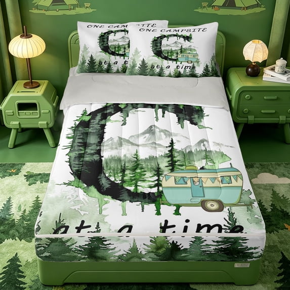 meiyoeat Camping Theme Initial Letter C Zipper Twin Comforter Sets with Fitted Sheet and 2 Pillowcases For Boys,Green Rustic Farmhouse Style Zipper Bedding Set,Light Gray Reversible,4 Pieces