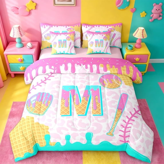 meiyoeat Cartoon Baseball Gloves 7 Pieces Bedding Comforter Set For Girls,Ice Cream Monogram M Letter Full Bedding Set For Kids,Pink Reversible