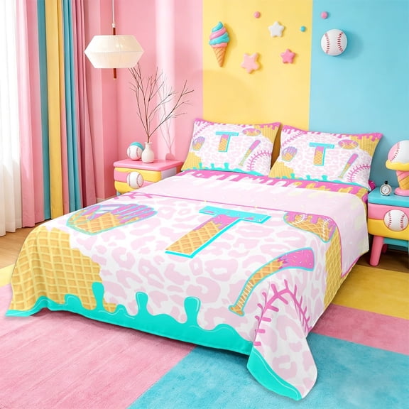 meiyoeat Cartoon Baseball Ice Cream Full Size Sheets,Multicolor Drip Monogram T Alphabet Bed Sheets For Kids,4pcs