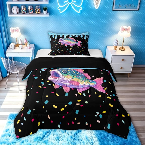 meiyoeat Cartoon Bass Fish Twin Comforter Sets for Boys Girls Kids, Candy Wildlife Ice Cream Drip Bedding Set, Black Pink, Black Reversible, 2-Piece, 1 Comforter and 1 Pillowcase