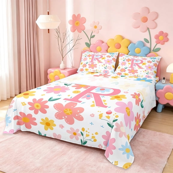 meiyoeat Cartoon Blossom Alphabet R Full Size Sheets For Girls, Cute Floral Pattern Bed Sheets For Kids,4 Pieces