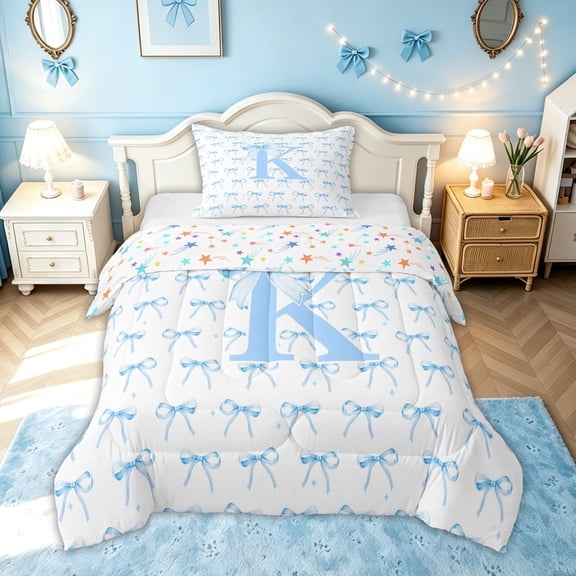 meiyoeat Cartoon Bow Letter K Twin Comforter Sets for Girls, Princess Ribbon Print Bedding Set, Blue, Colorful Star Reversible, 2-Piece, 1 Comforter and 1 Pillowcase
