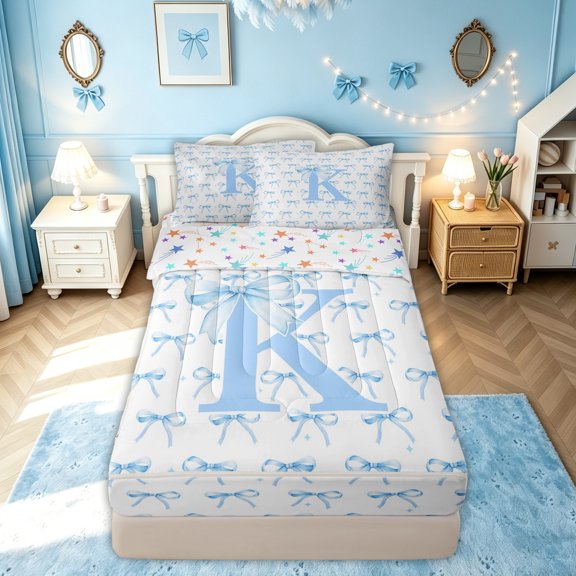 meiyoeat Cartoon Bow Letter K Zipper Comforter Set with Fitted Sheet and 2 Pillowcases for Girls, Princess Ribbon Print Zipper Bedding Set, Blue, Colorful Star Reversible, 3-Piece