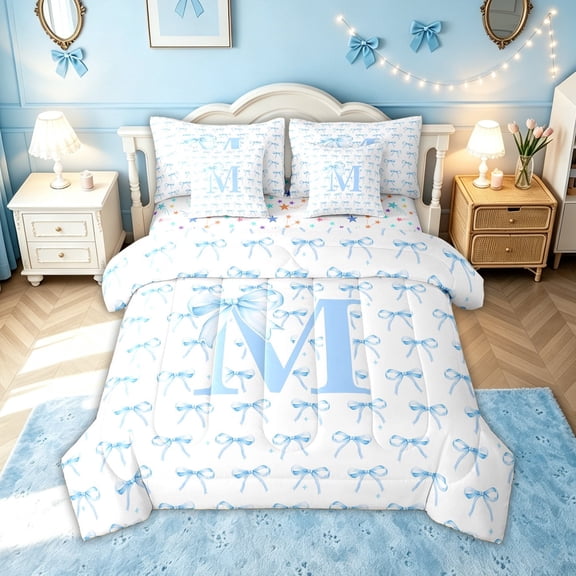meiyoeat Cartoon Bow Letter M Twin Bedding for Girls, Ribbon Print Bedding Comforter Set, Blue, Colorful Star Reversible, 7pcs