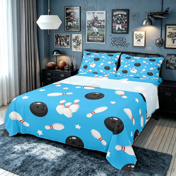 meiyoeat Cartoon Bowling Sport Bed Sheets for Boys, Blue Stars Print Full Size Sheets, 4-Piece, 1 Flat Sheet, 1 Fitted Sheet and 2 Pillowcases