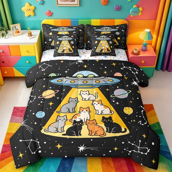 meiyoeat Cartoon Cat Galaxy 7-Piece Twin Bedding For Boys,Space Theme Kitten Print Bedding Comforter Set,Reversible