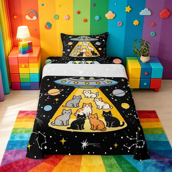meiyoeat Cartoon Cat Galaxy Twin Sheets For Boys,Space Theme Kitten Print Bedding,3 Pieces,1 Fitted Sheet and 1 Pillowcase