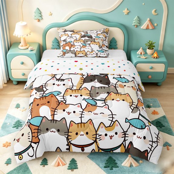 meiyoeat Cartoon Cat Pattern Twin Comforter Sets,Cute Print Bedding Set,Polkadot Reversible,2pcs,1 Comforter and 1 Pillowcase