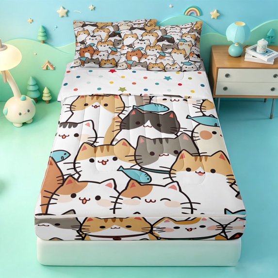meiyoeat Cartoon Cat Pattern Zipper Full Size Comforter Sets with Fitted Sheet and 2 Pillowcases,Cute Print Zipper Bedding Set,Polkadot Reversible,4-Piece