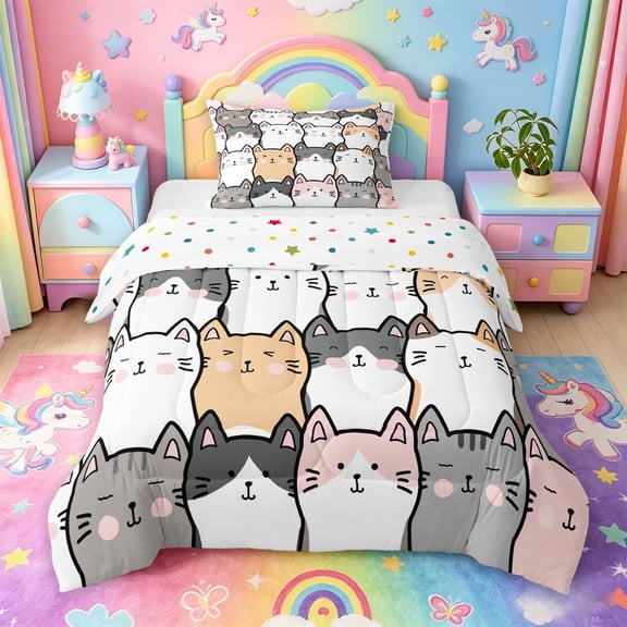 meiyoeat Cartoon Cute Cats Twin Comforter Sets For Kids,Colorful Kawaii Kitten Print Bedding Set For Girls,Reversible,2 Pieces