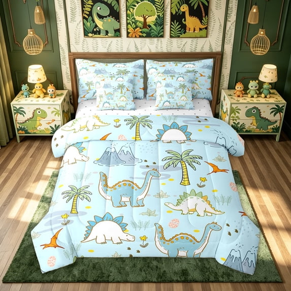 meiyoeat Cartoon Dino Twin Bedding for Kids, Tropical Spinosaurus Wildlife Bedding Comforter Set, Sky Blue, Reversible, 7pcs