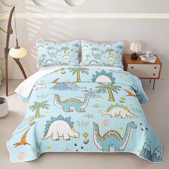 meiyoeat Cartoon Dino Twin Quilt Set for Boys Girls, Tropical Spinosaurus Wildlife Twin Coverlet Set, Sky Blue, 2pcs