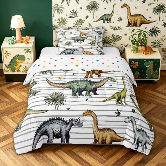 meiyoeat Cartoon Dinosaur Twin Comforter Sets for Girls Boys, Jungle Wildlife Bedding Set, White Green, Polkadot Reversible, 2pcs, 1 Comforter and 1 Pillowcase