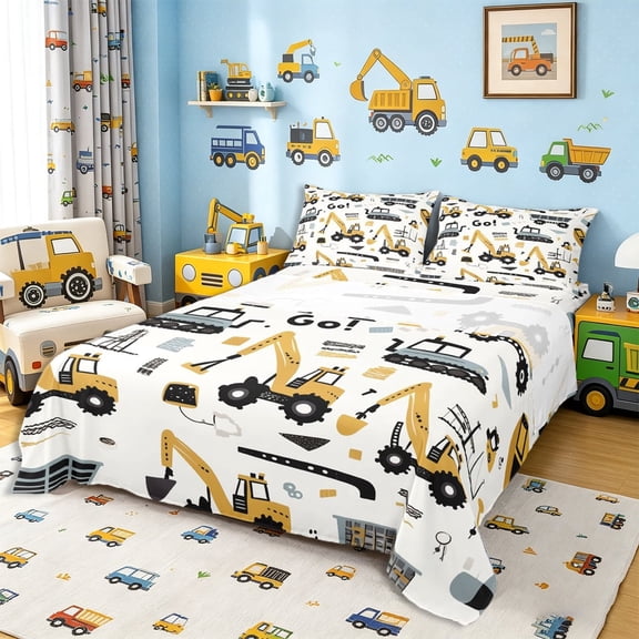 meiyoeat Cartoon Doodle Excavator Truck Bed Sheets 4-Piece for Boys,Construction Vehicle Full Size Sheets,Yellow Gray,1 Flat Sheet, 1 Fitted Sheet and 2 Pillowcases