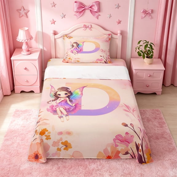 meiyoeat Cartoon Elf Princess Twin Sheets,Watercolor Gradient Monogrammed D Bedding For Girl,3pcs,1 Fitted Sheet and 1 Pillowcase