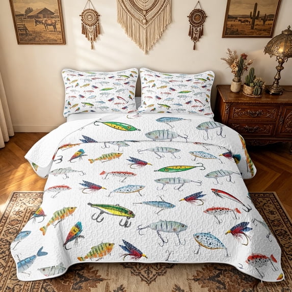 meiyoeat Cartoon Fishing Twin Quilt Set for Men, Outdoor Salt Wildlife Twin Coverlet Set, White Green, 2 Pieces, 1 Comforter and 1 Pillowcase