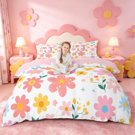 meiyoeat Cartoon Floral Alphabet Print Bedding Full For Girls,Flowers Blossom Monogram J Bedding Full For Kids,pink Reversible,3pcs(No Comforter)