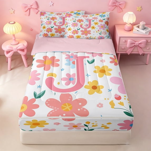 meiyoeat Cartoon Floral Alphabet Print Zipper Bedding Set For Girls,Flowers Blossom Monogram J Zipper Bedding Set For Kids,pink Reversible,4 Pieces