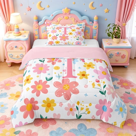 meiyoeat Cartoon Flowers Monogram Print Bedding Set For Girls,Floral Blossom Initial T Bedding Set For Kids,pink Reversible,2pcs