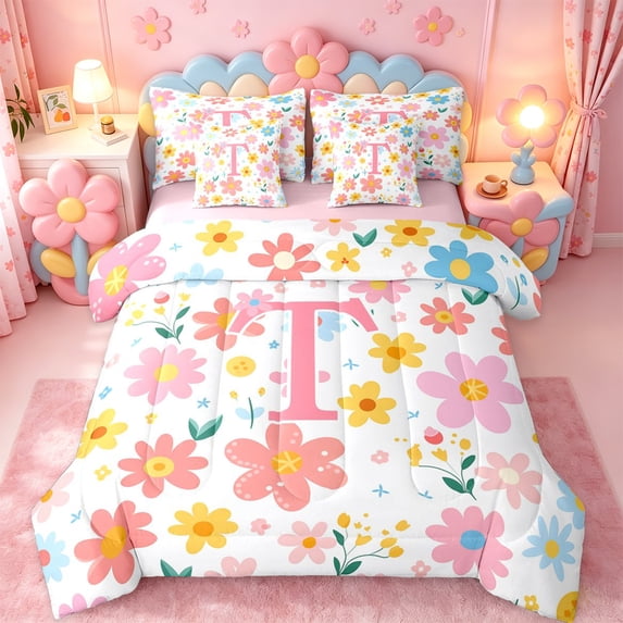 meiyoeat Cartoon Flowers Monogram Print King Bed In A Bag For Girls,Floral Blossom Initial T King Bed In A Bag For Kids,Pink Reversible